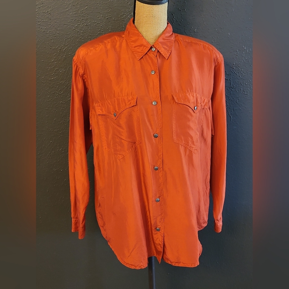 Fenn Wright & Manson Studio Vtg 80s Orange Silk Blouse Medium
